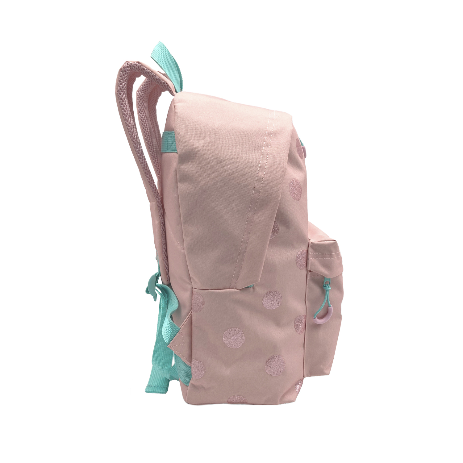 Mochila rosa con lunares blancos. Tiene correas azules y una cremallera azul.