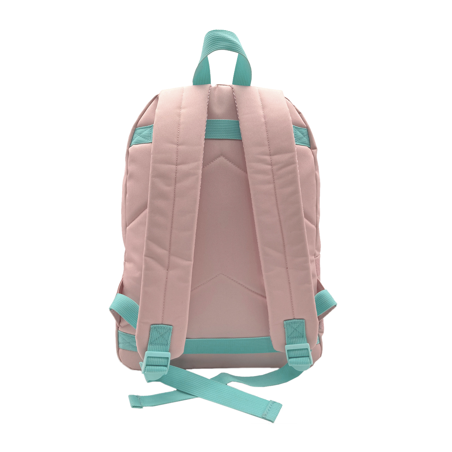 Mochila rosa con correas y asa turquesa. Las correas están en la parte trasera.