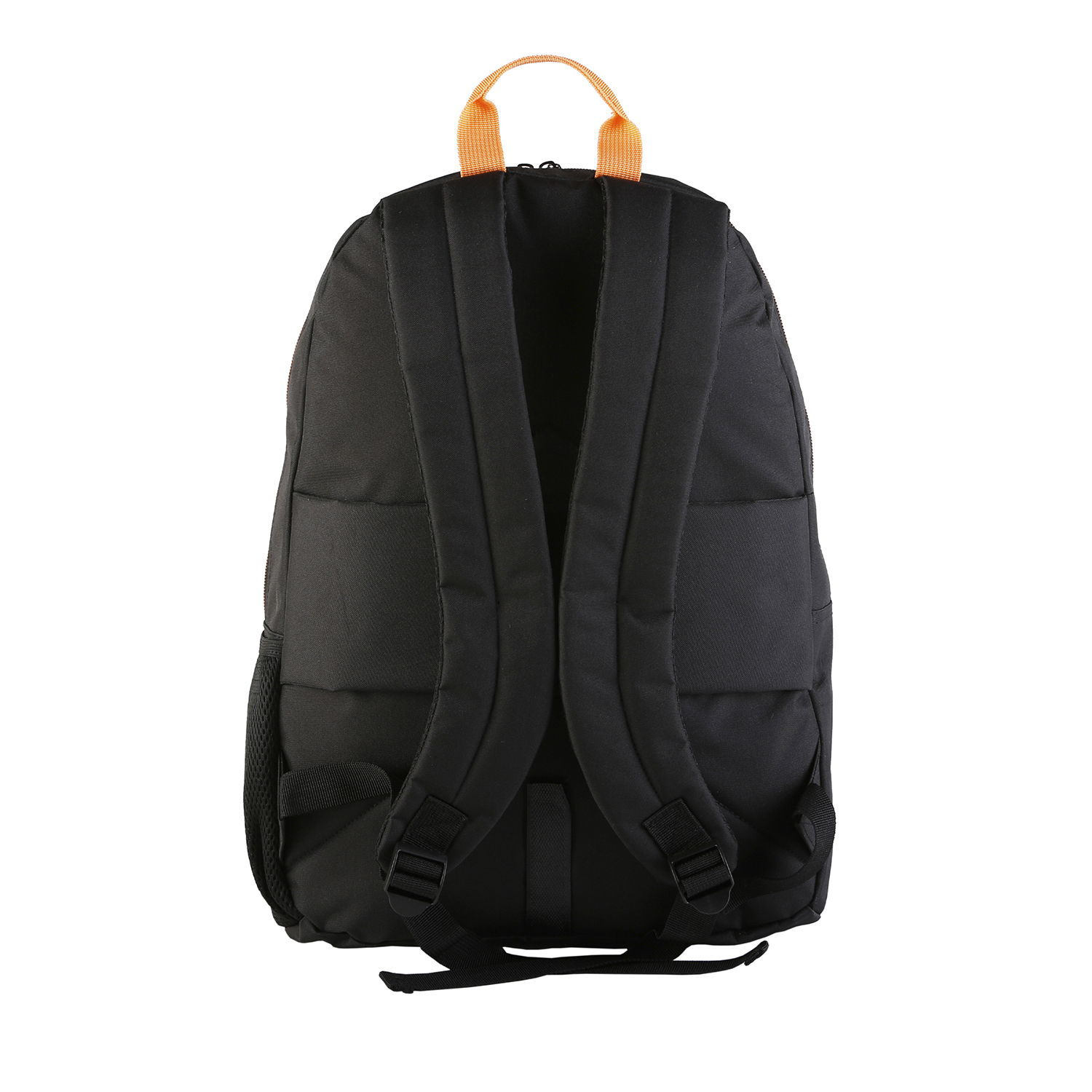 Mochila negra, vista trasera, con asa y correas naranjas.