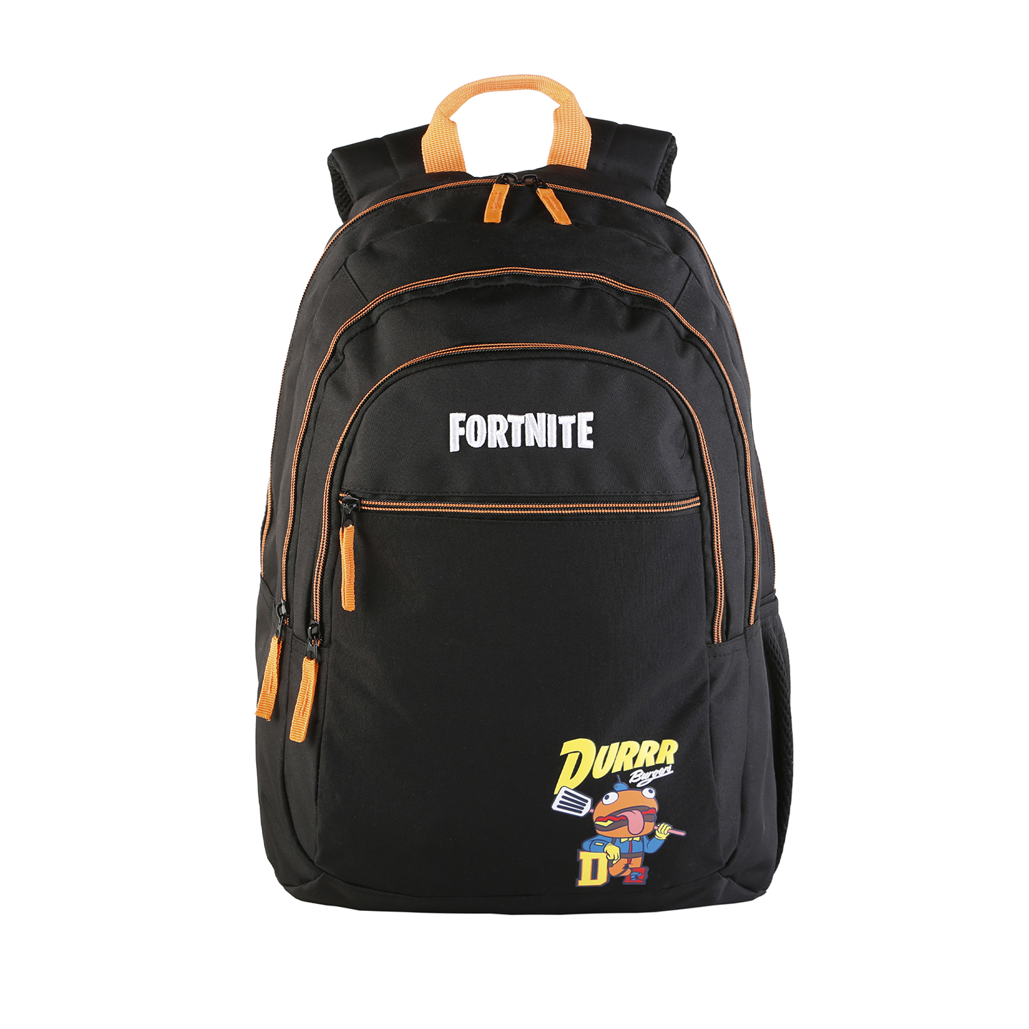 Mochila negra de Fortnite con cremalleras naranjas y el logotipo de Durrr Burger.