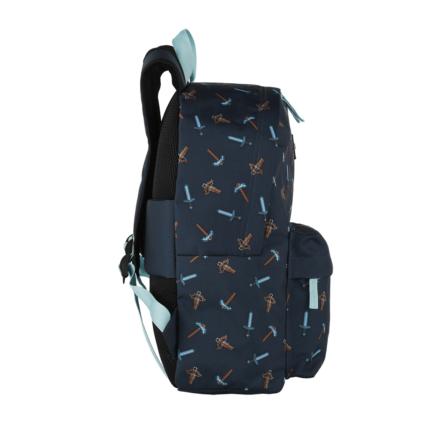 Vista lateral de una mochila de Minecraft con gráficos pixelados azules y marrones.