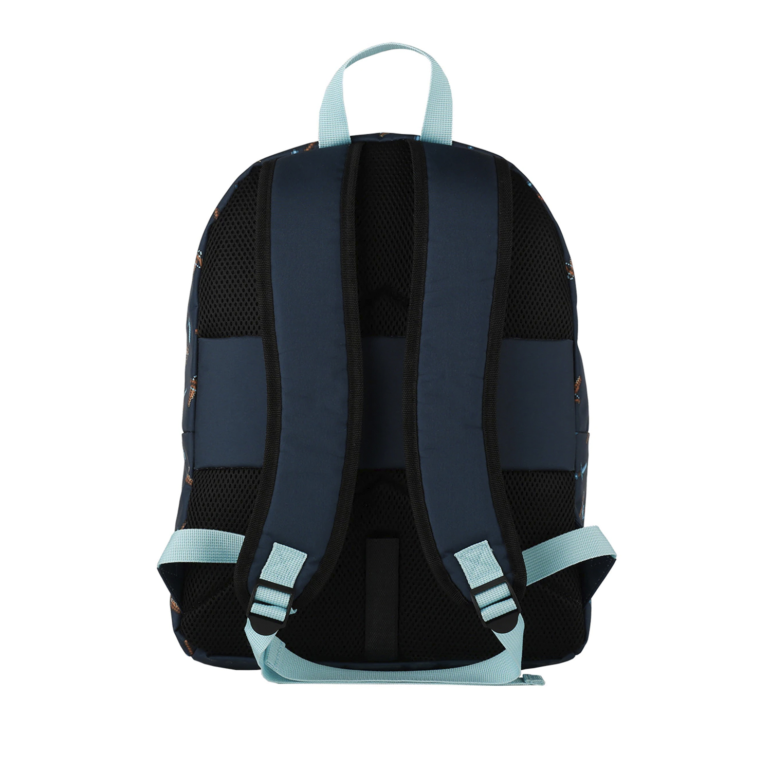 Se muestra una mochila azul marino con correas celeste. La parte trasera tiene un panel de malla y dos correas.