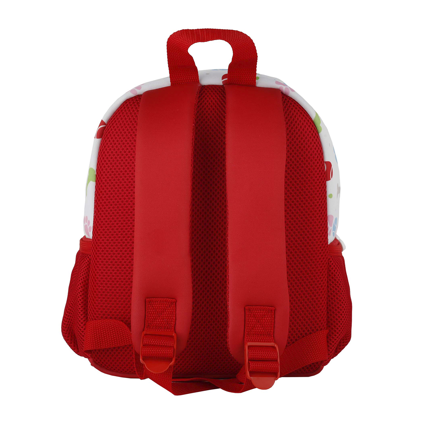 Mochila roja y blanca. La parte trasera tiene correas rojas y una sección de malla roja. Delante flores.