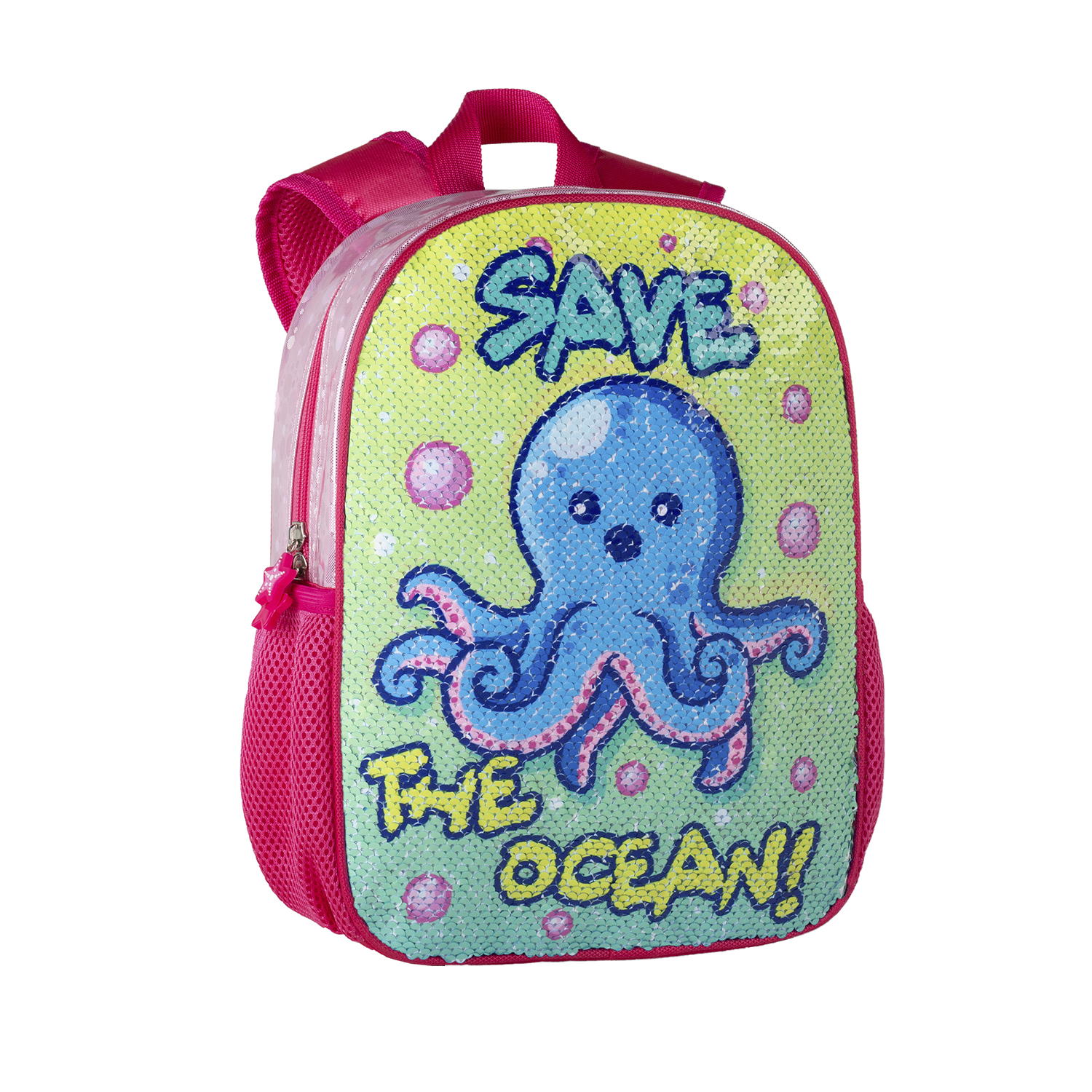 Una mochila rosa con un pulpo que dice 'Save The Ocean' sobre fondo blanco.