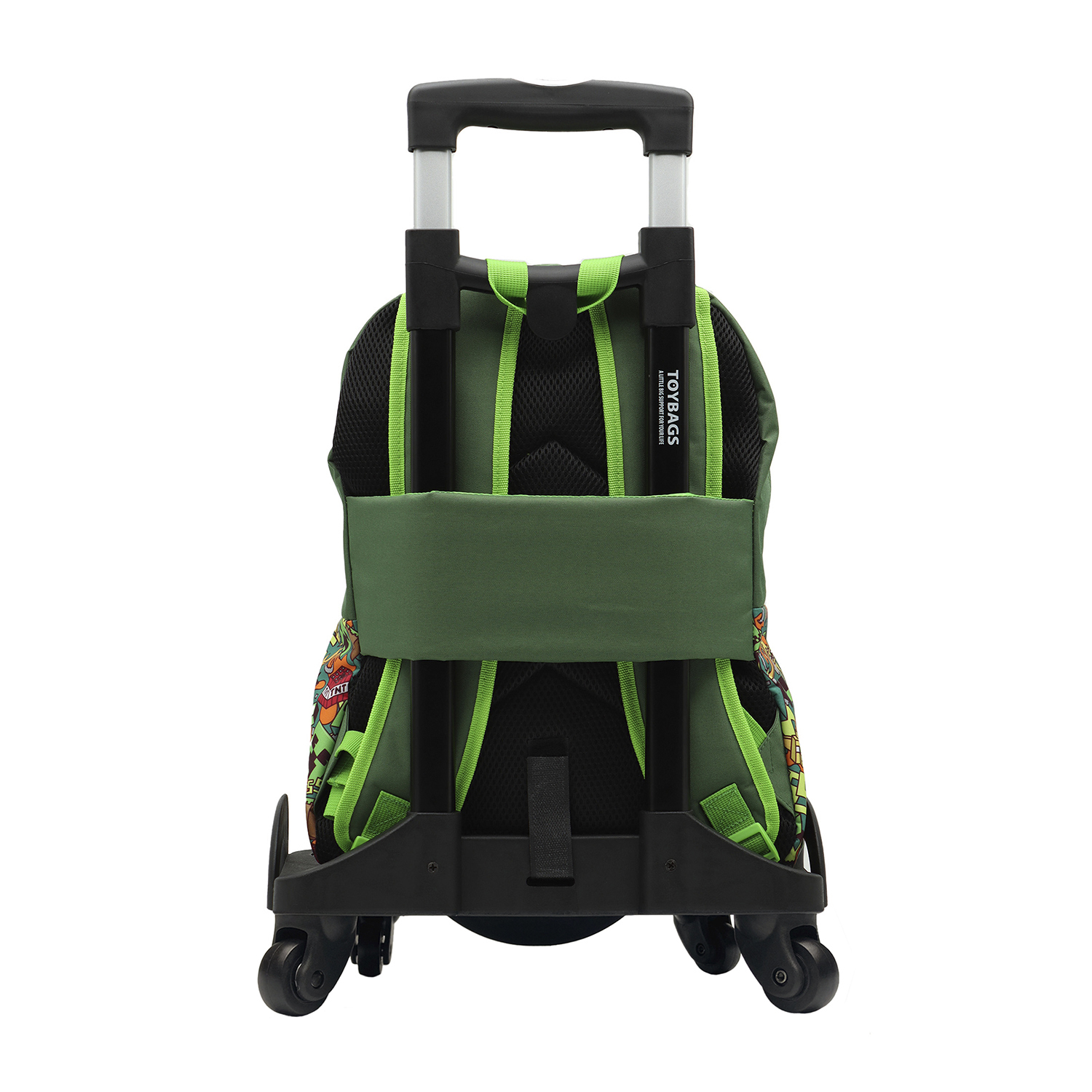 Una mochila verde con ruedas y asa, mirando hacia atrás.