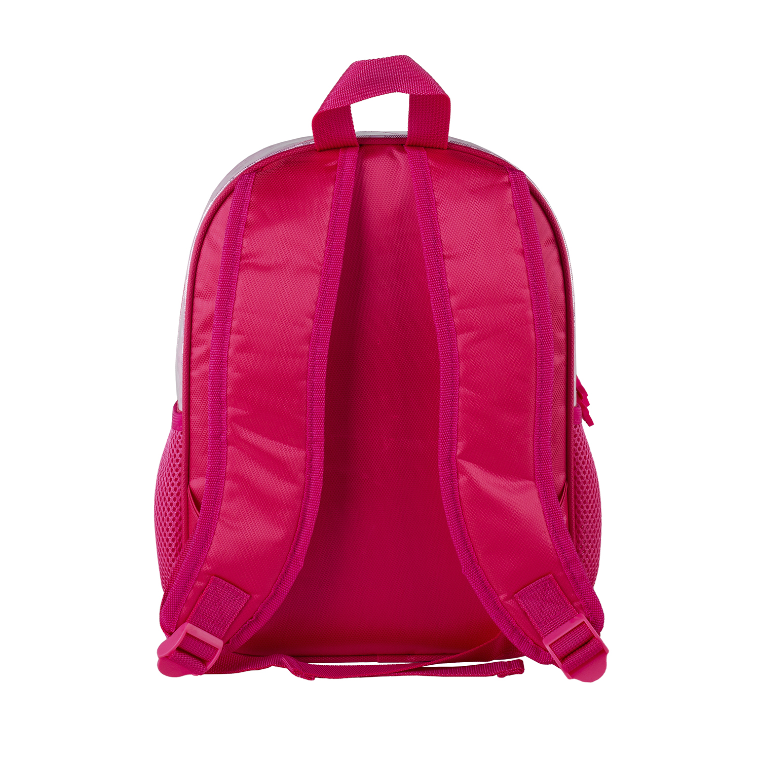 Mochila rosa, vista trasera. Tirantes, asa y bolsillos laterales de malla. Fondo blanco.