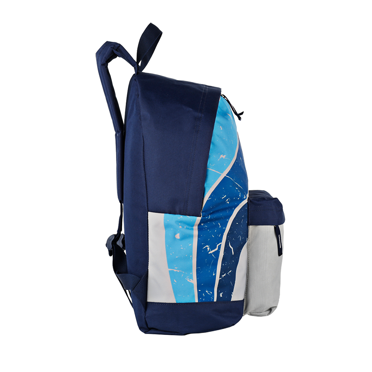 Mochila azul marino con diseño azul claro y blanco en la parte delantera, bolsillo lateral gris.