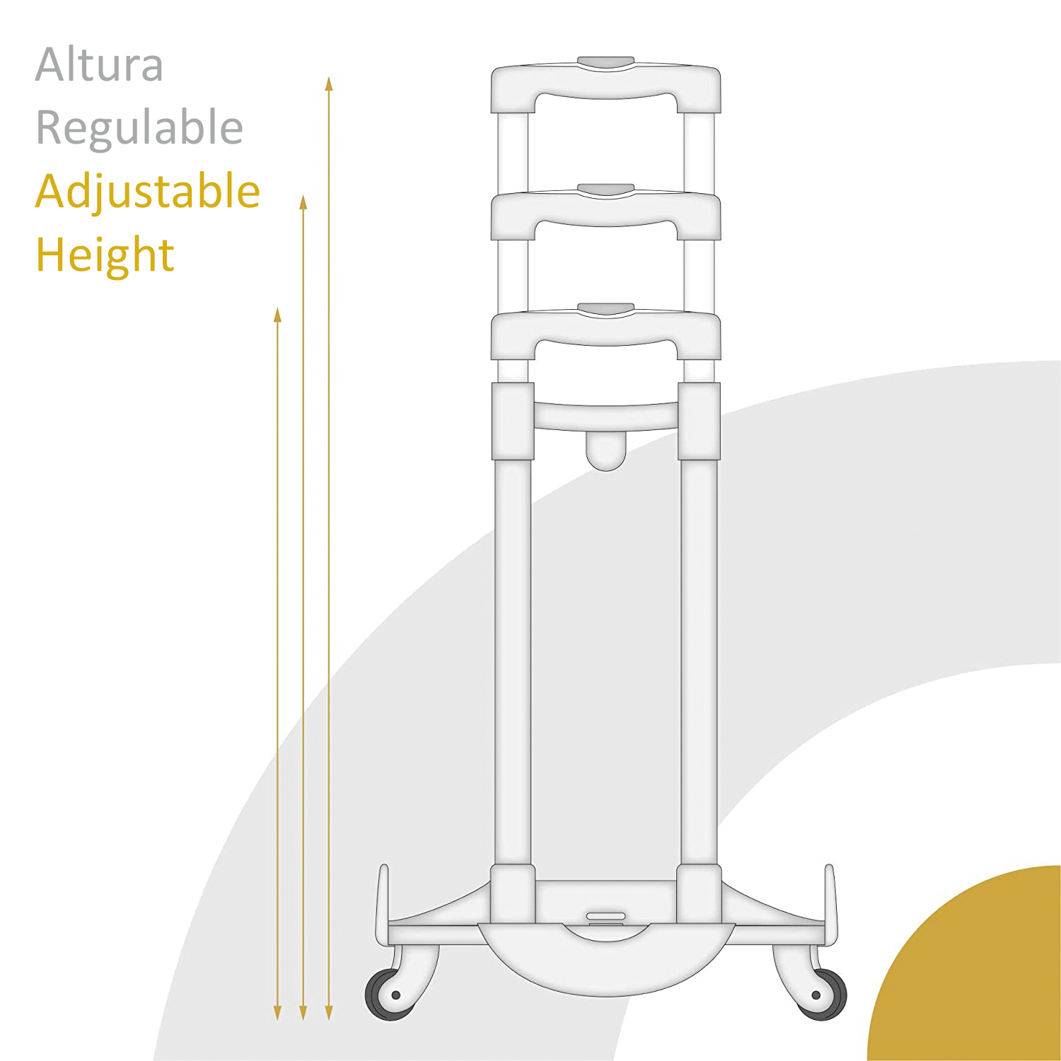 Un carrito de equipaje blanco con altura ajustable. El texto indica altura ajustable en español e inglés.