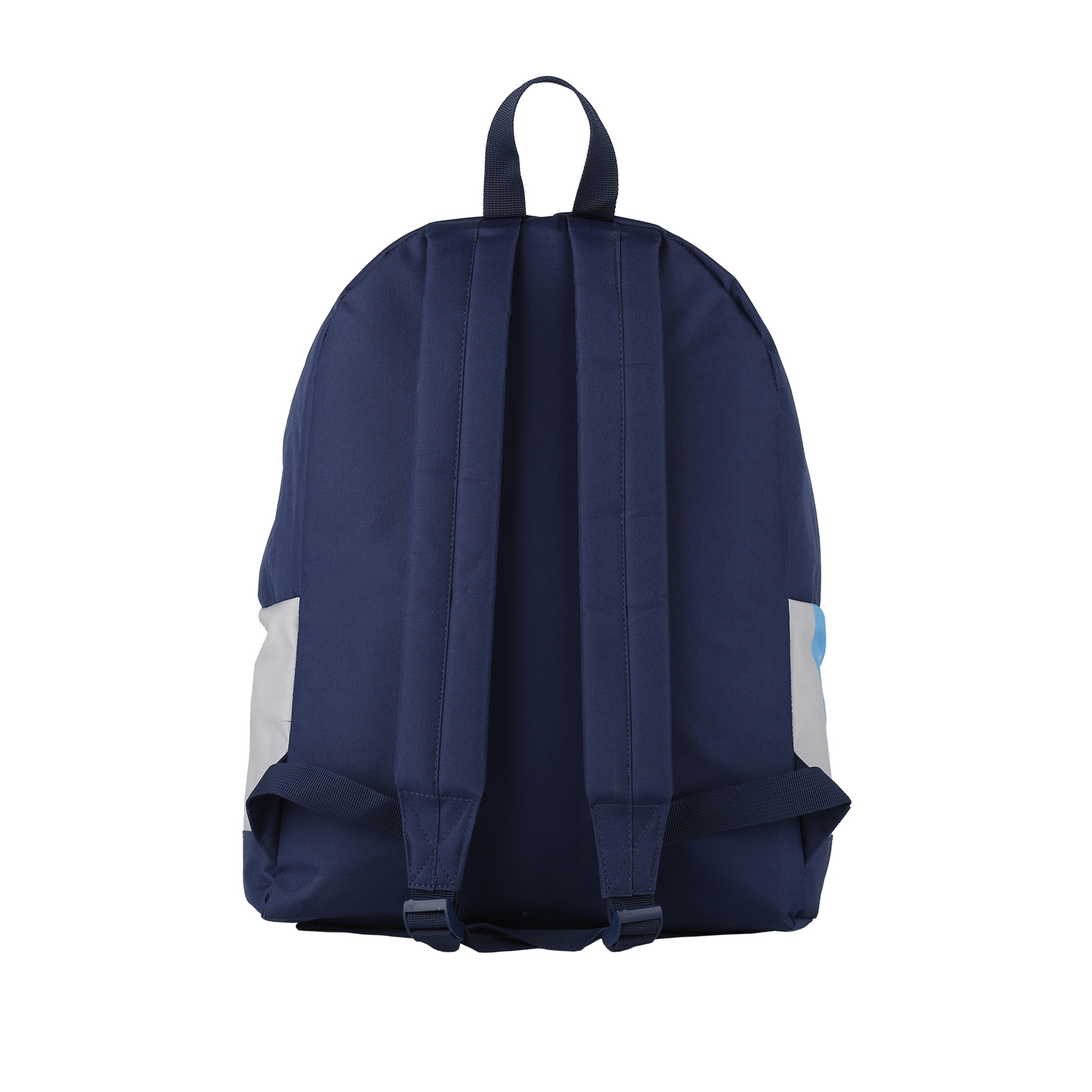 Vista trasera de una mochila azul oscuro con una sección blanca y gris en los lados.