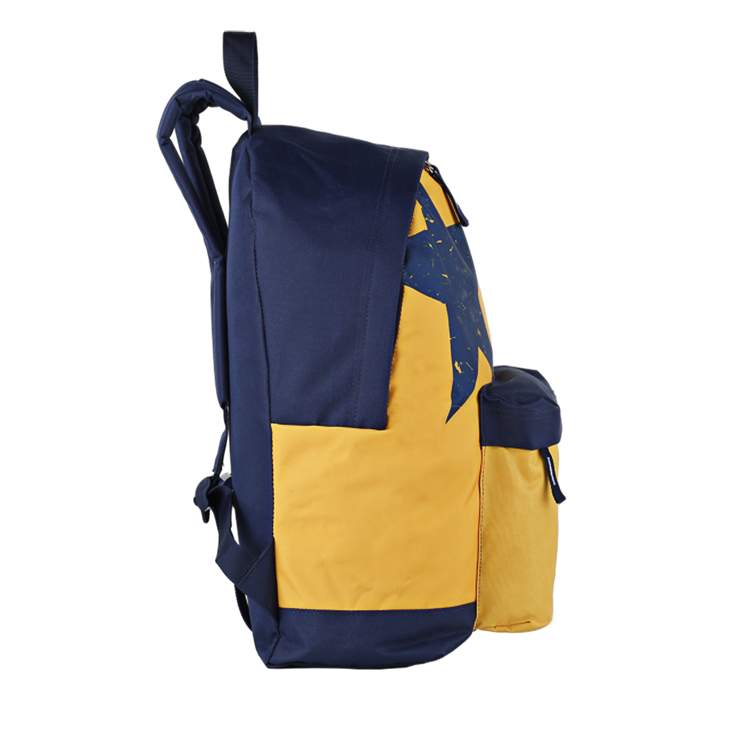Vista lateral de una mochila azul marino y amarilla. Tiene un diseño de estrella y un bolsillo pequeño.
