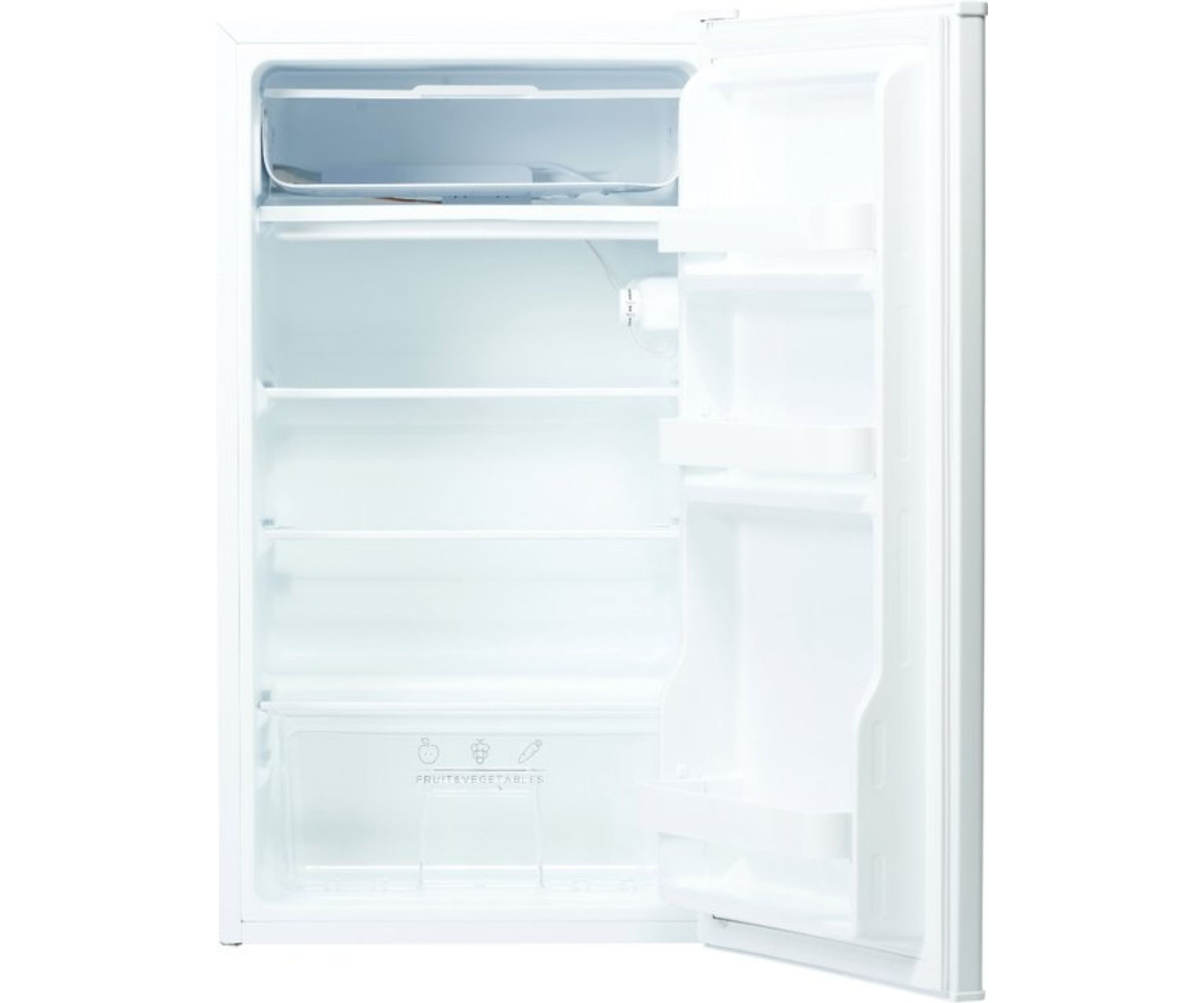 Réfrigérateur blanc avec la porte ouverte. Étagères et compartiments de rangement à l'intérieur.