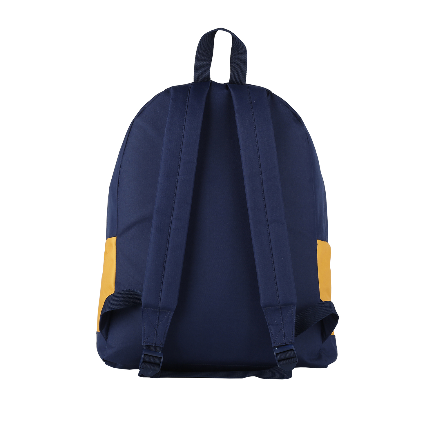 Mochila con cuerpo azul marino y bolsillos laterales naranjas.