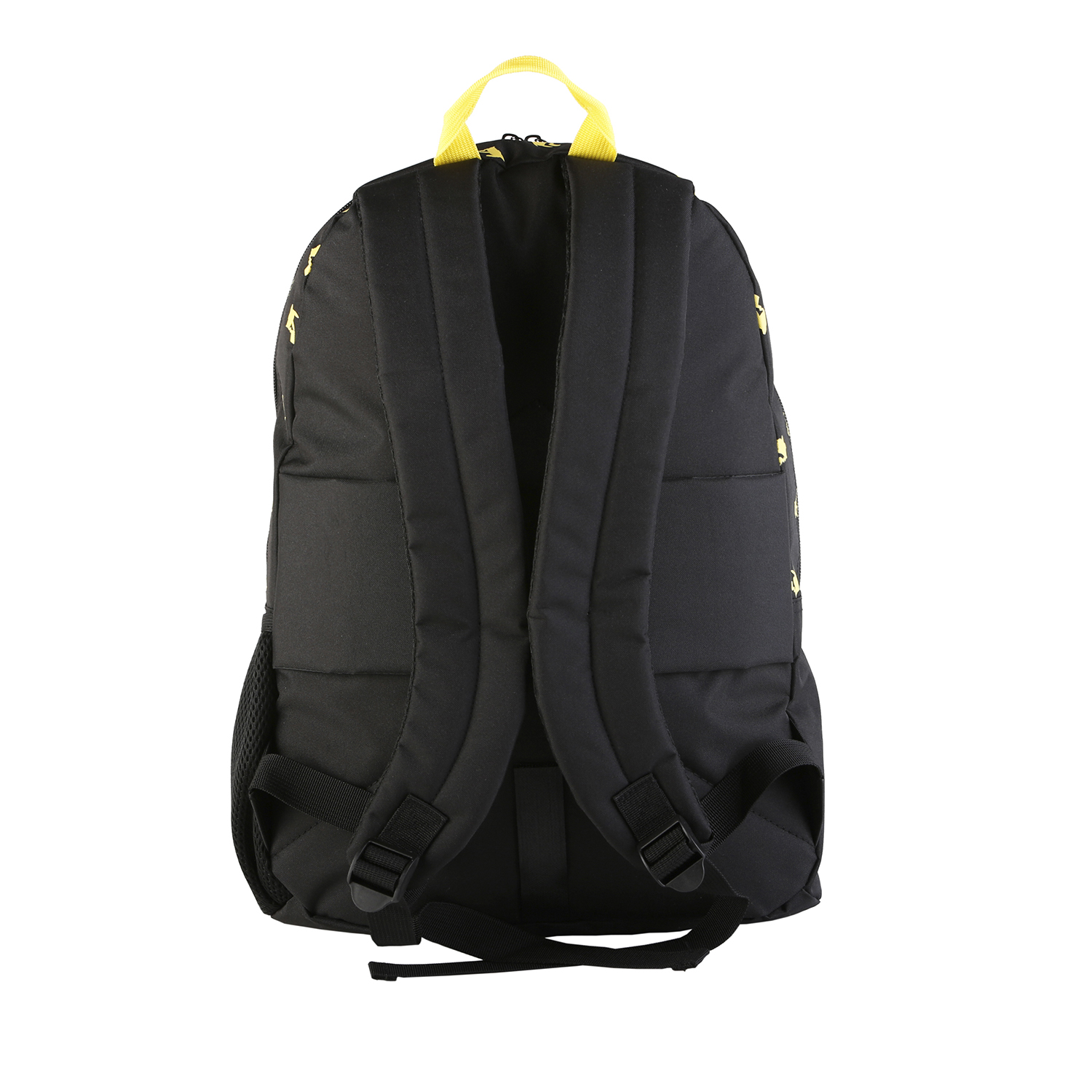 Mochila negra con correas amarillas y un logotipo amarillo, aislada sobre fondo blanco.