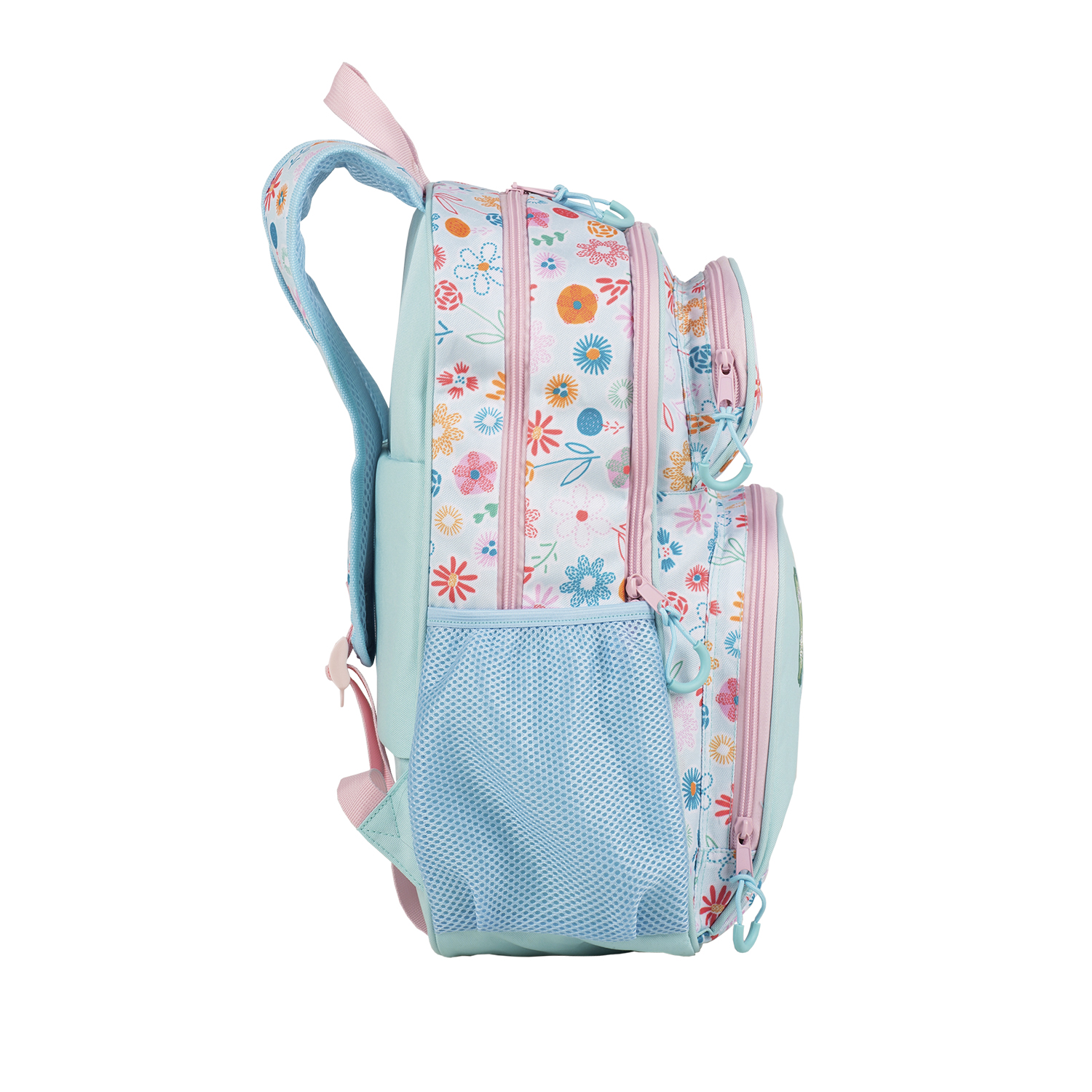 Una mochila azul claro con detalles rosas. Tiene estampados florales y múltiples compartimentos con cremallera.
