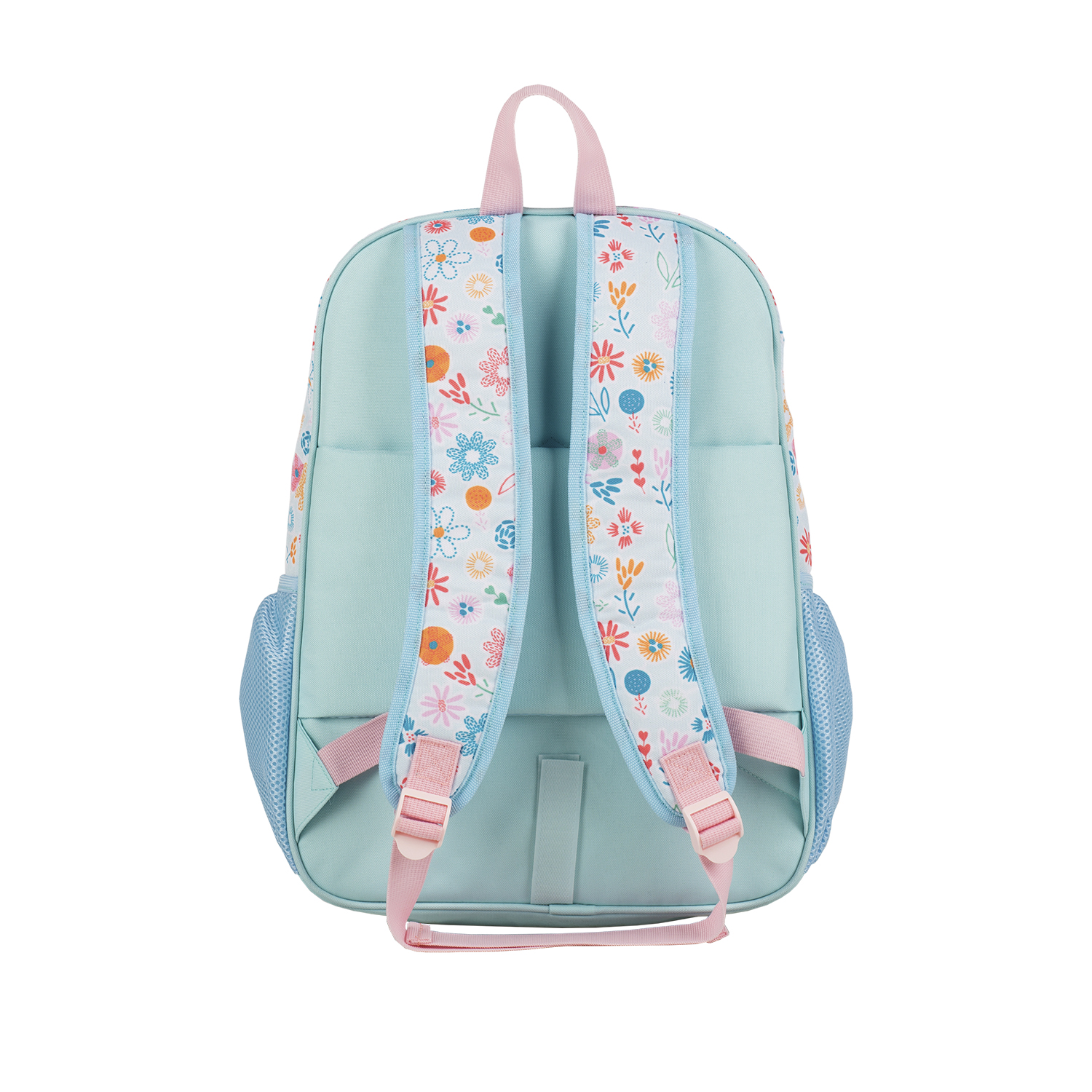 Una mochila azul claro con estampados florales en las correas y laterales, correas rosas.