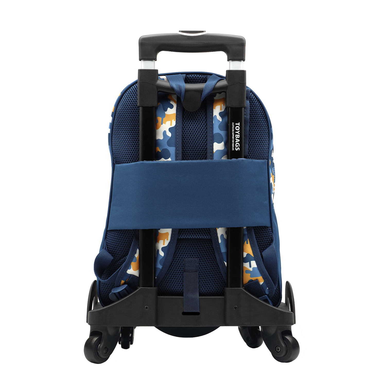 Mochila con ruedas azul con diseño de camuflaje y asa negra. Las ruedas son visibles en la parte inferior de la bolsa.
