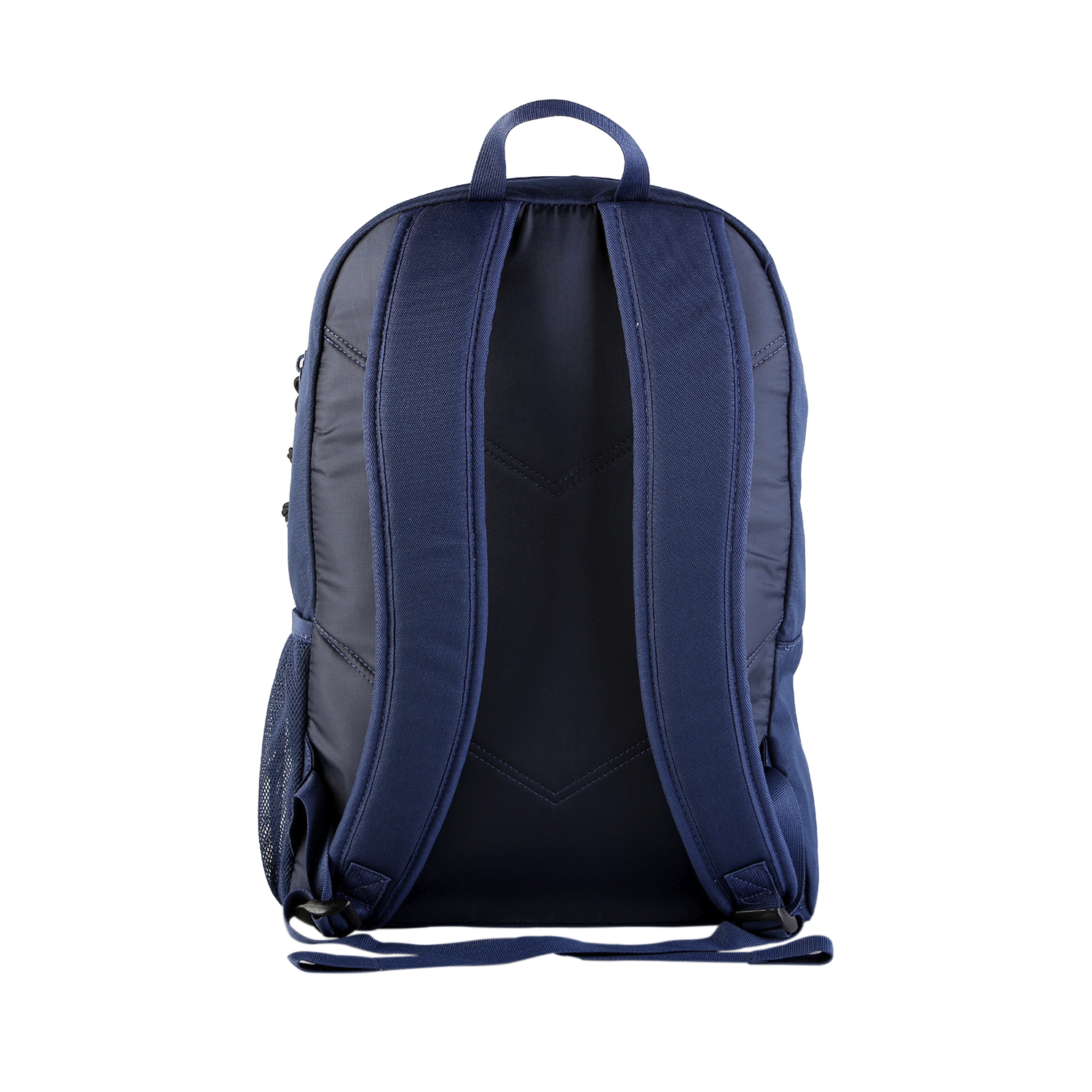 Uno zaino blu navy visto da dietro.