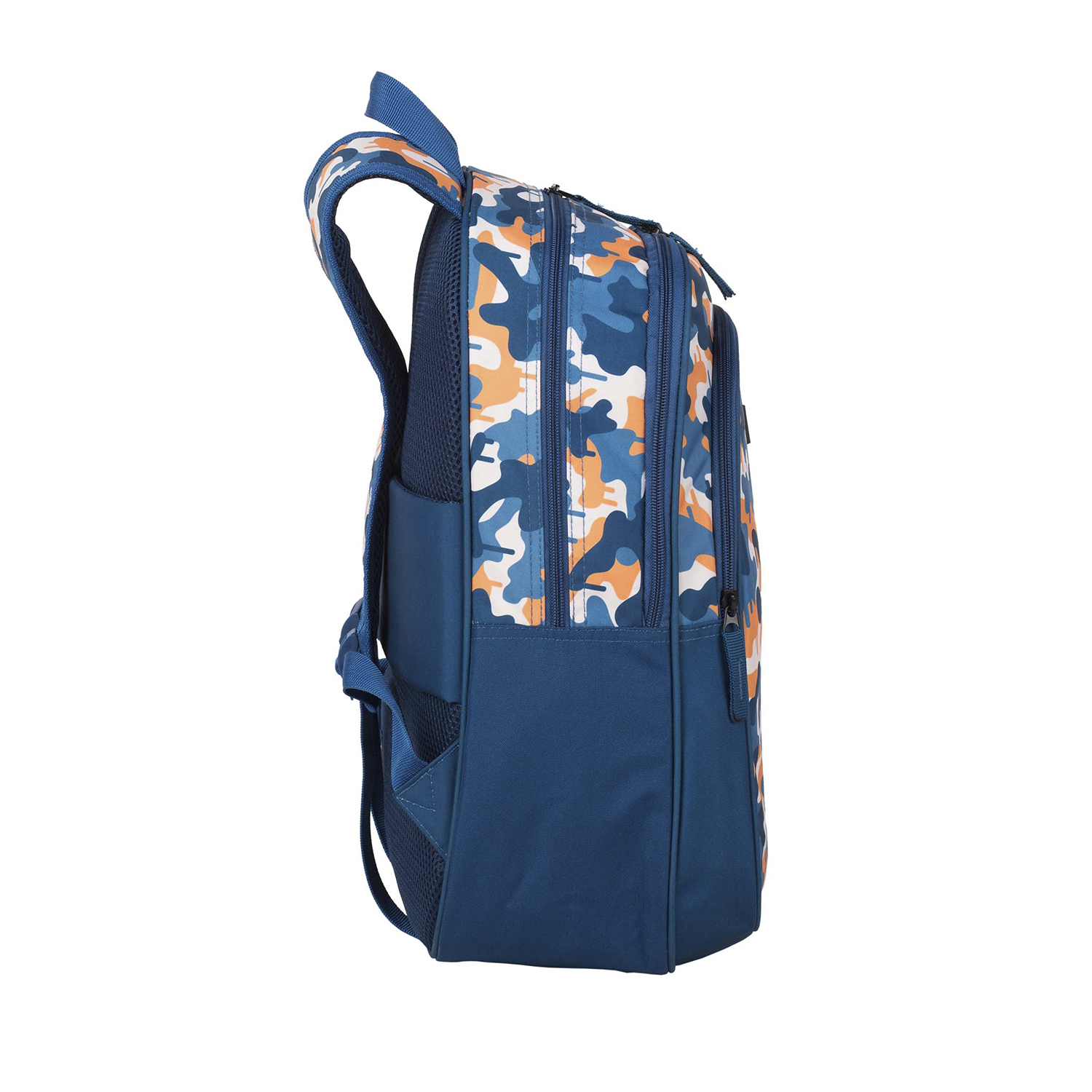 Una mochila azul marino con diseño de camuflaje, vista lateral.