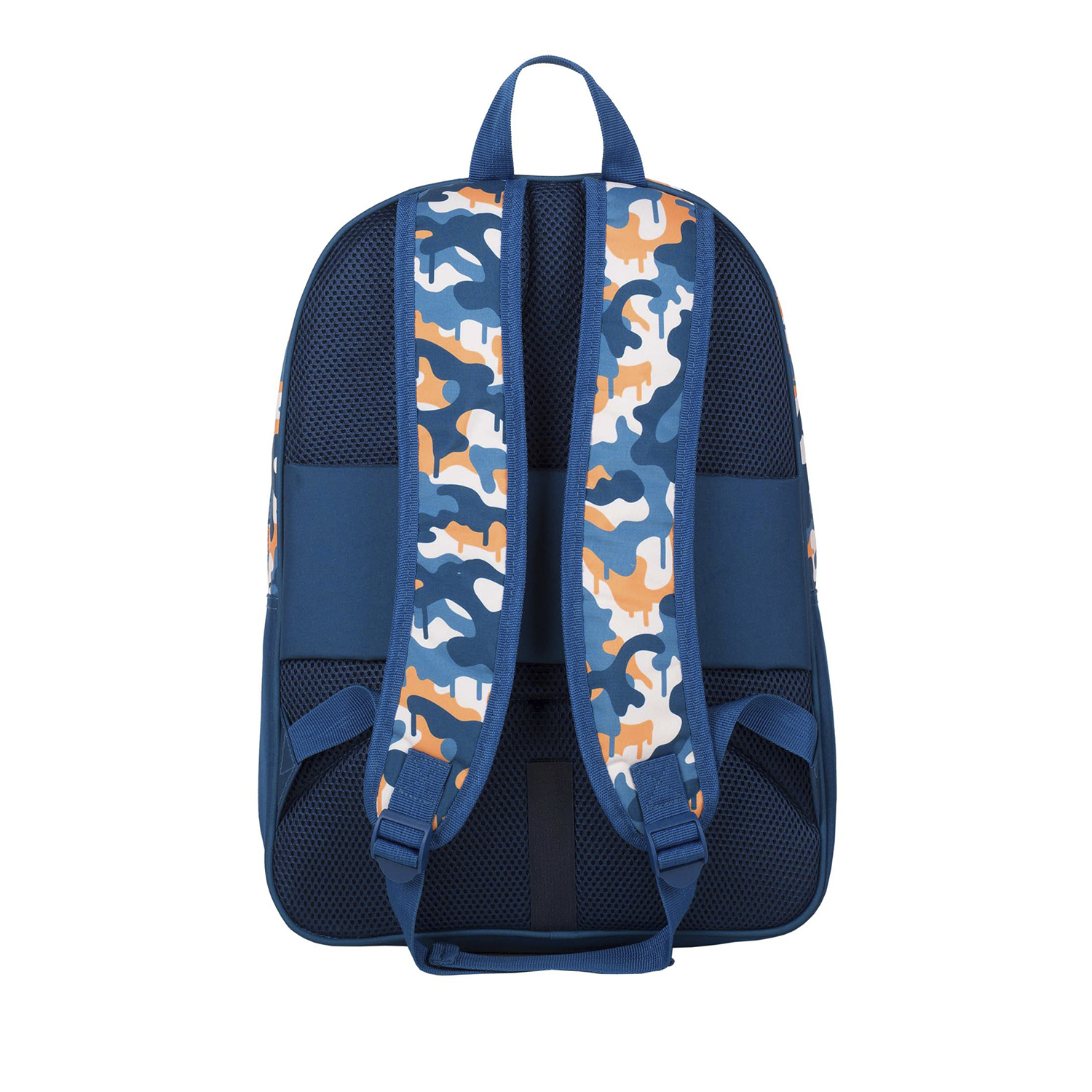 Mochila con patrón de camuflaje azul en las correas y la espalda.