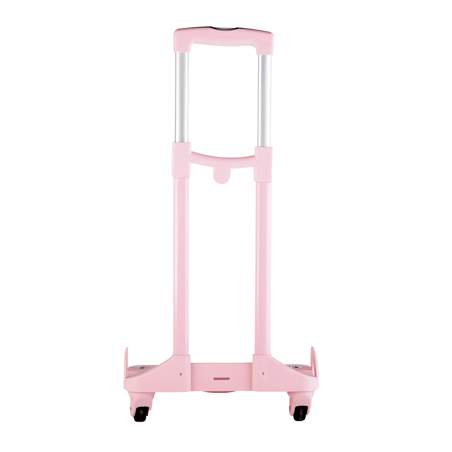 Carro de equipaje rosa con asas plateadas, ruedas negras. Aislado sobre fondo blanco.