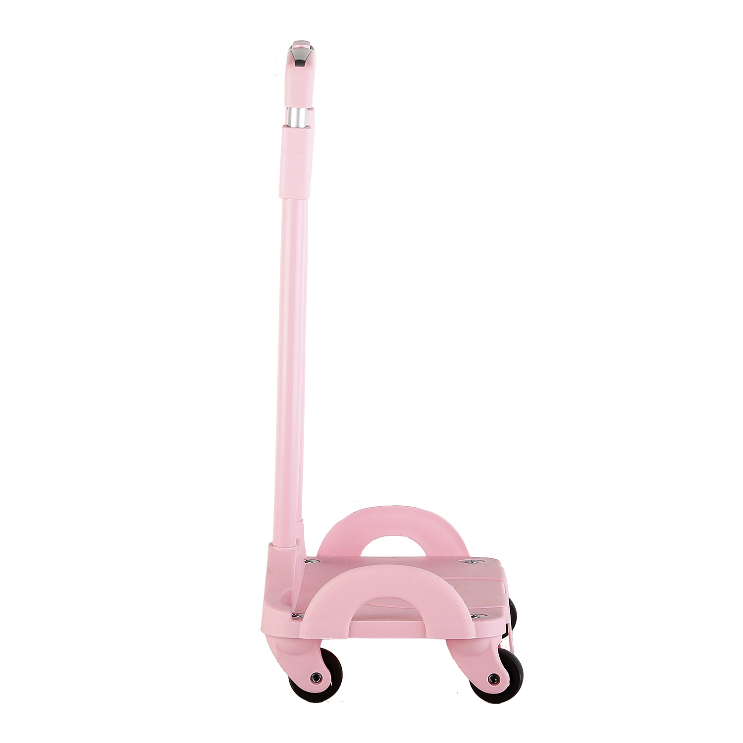 Un carrito de compras rosa plegable con asa y ruedas se encuentra sobre un fondo blanco. El carrito está en posición vertical.