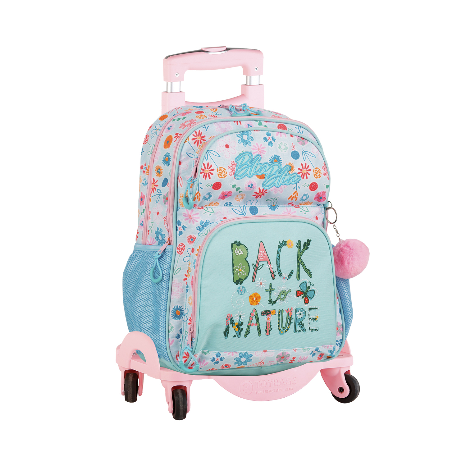 Mochila rodante rosa con un estampado floral y un diseño 'Back to Nature'.