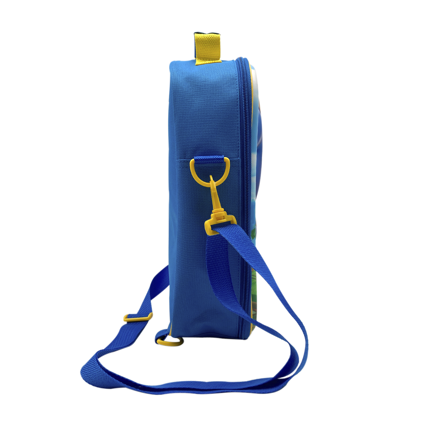 Borsa termica blu con manico e tracolla gialli. Vista laterale, borsa blu con illustrazione cartoon.