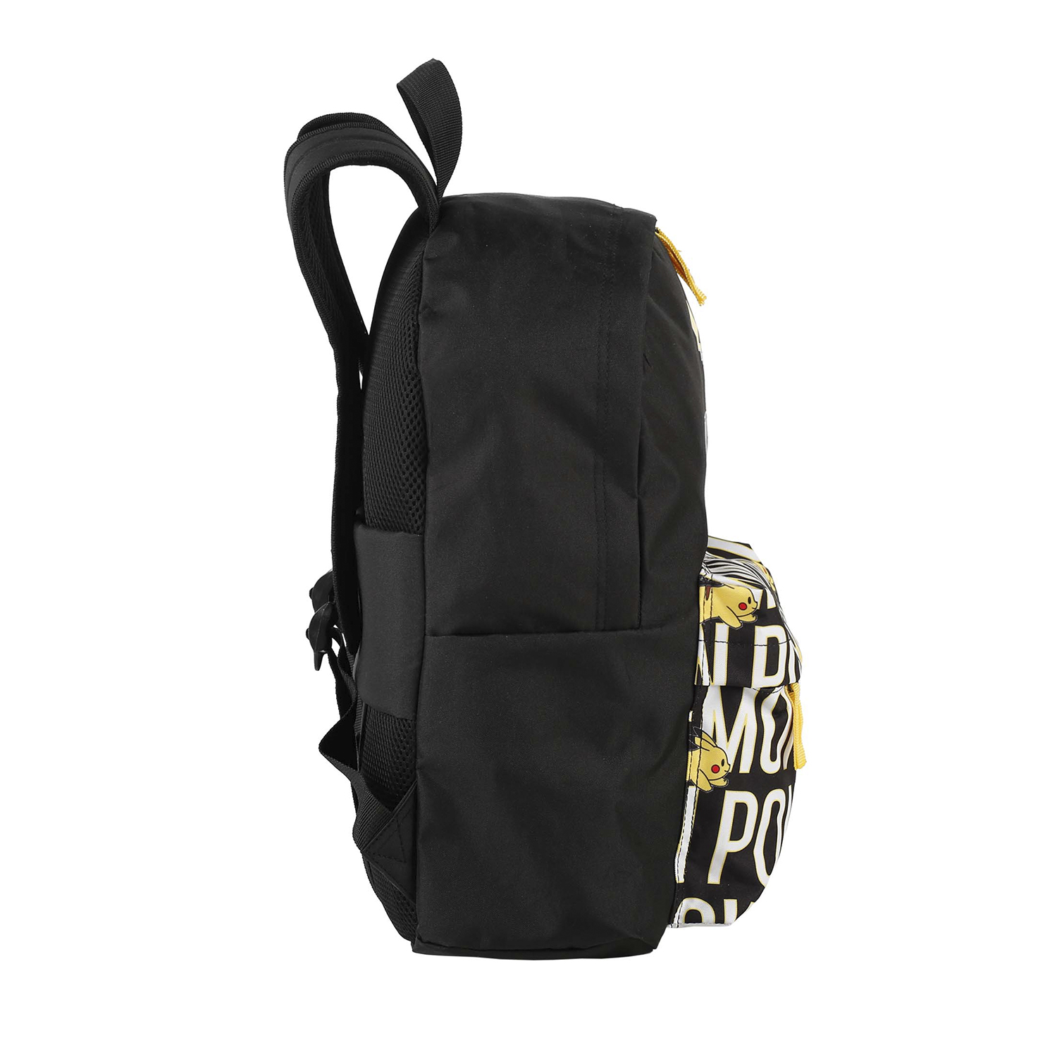Mochila negra, vista lateral, diseño de Pikachu, fondo blanco.