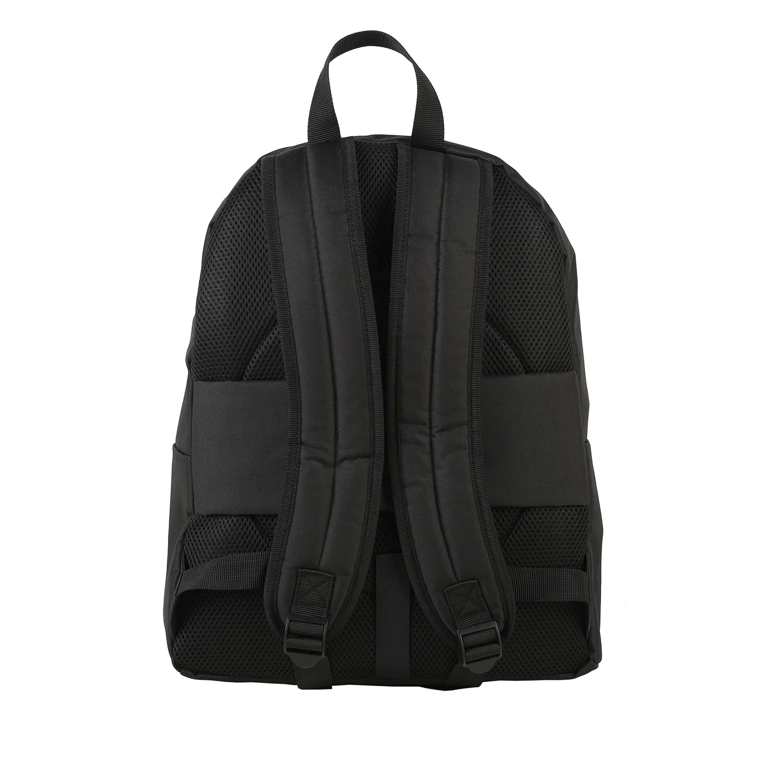 Vista trasera de una mochila negra. La mochila tiene dos correas para los hombros y un panel trasero de malla.