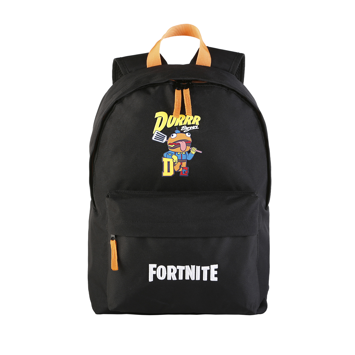 Mochila negra de Fortnite. Incluye bolsillo frontal, correas naranjas y un logotipo.