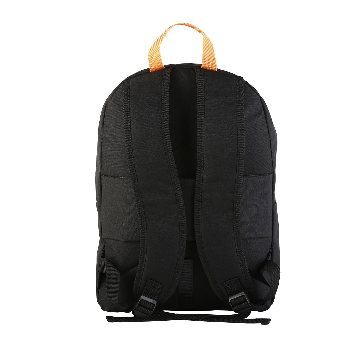 Mochila negra con correas naranjas y correas ajustables negras. El fondo es blanco.