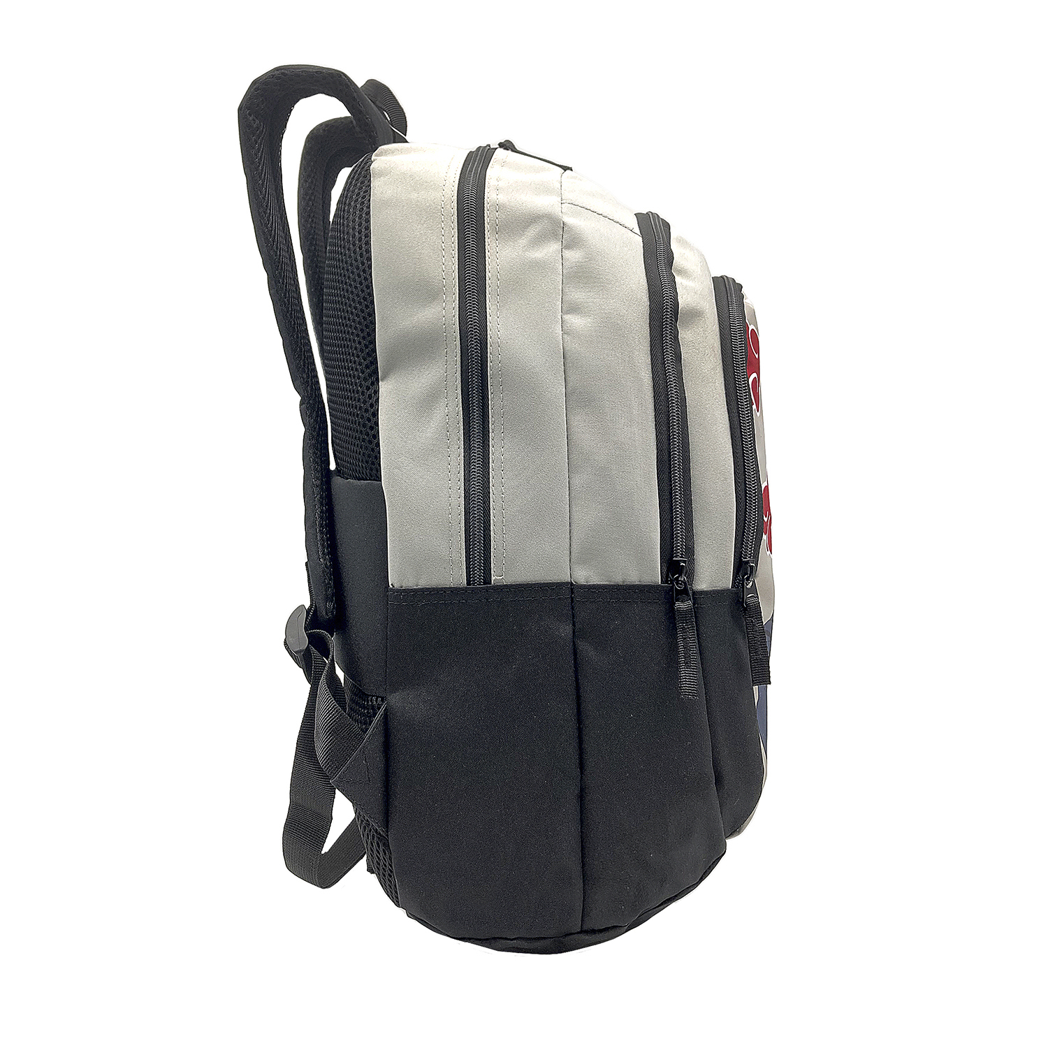 Mochila gris y negra con múltiples cremalleras, vista de lado, sobre un fondo blanco.