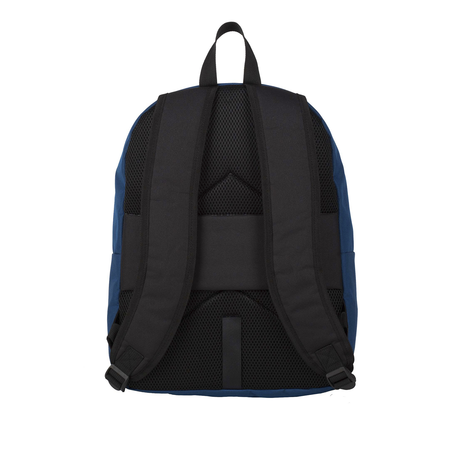 Mochila con color azul y negro. Espalda y correas de malla negra. Fondo blanco.