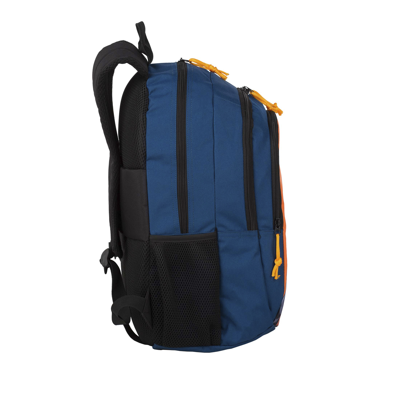 Mochila azul y negra con cremalleras naranjas. Lado con bolsillo de red negro.