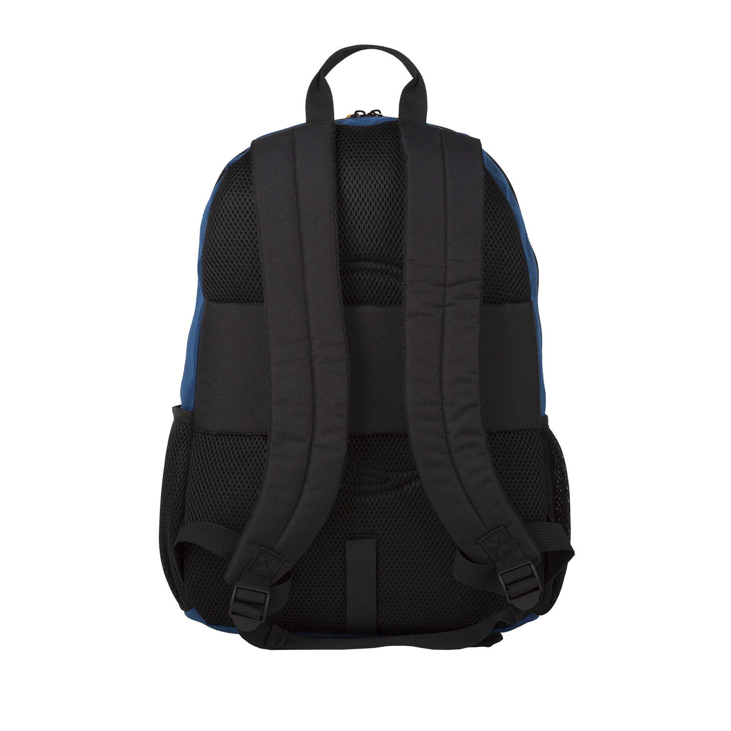 Mochila negra con detalles azules. Cuenta con dos correas para los hombros y un panel trasero de malla.
