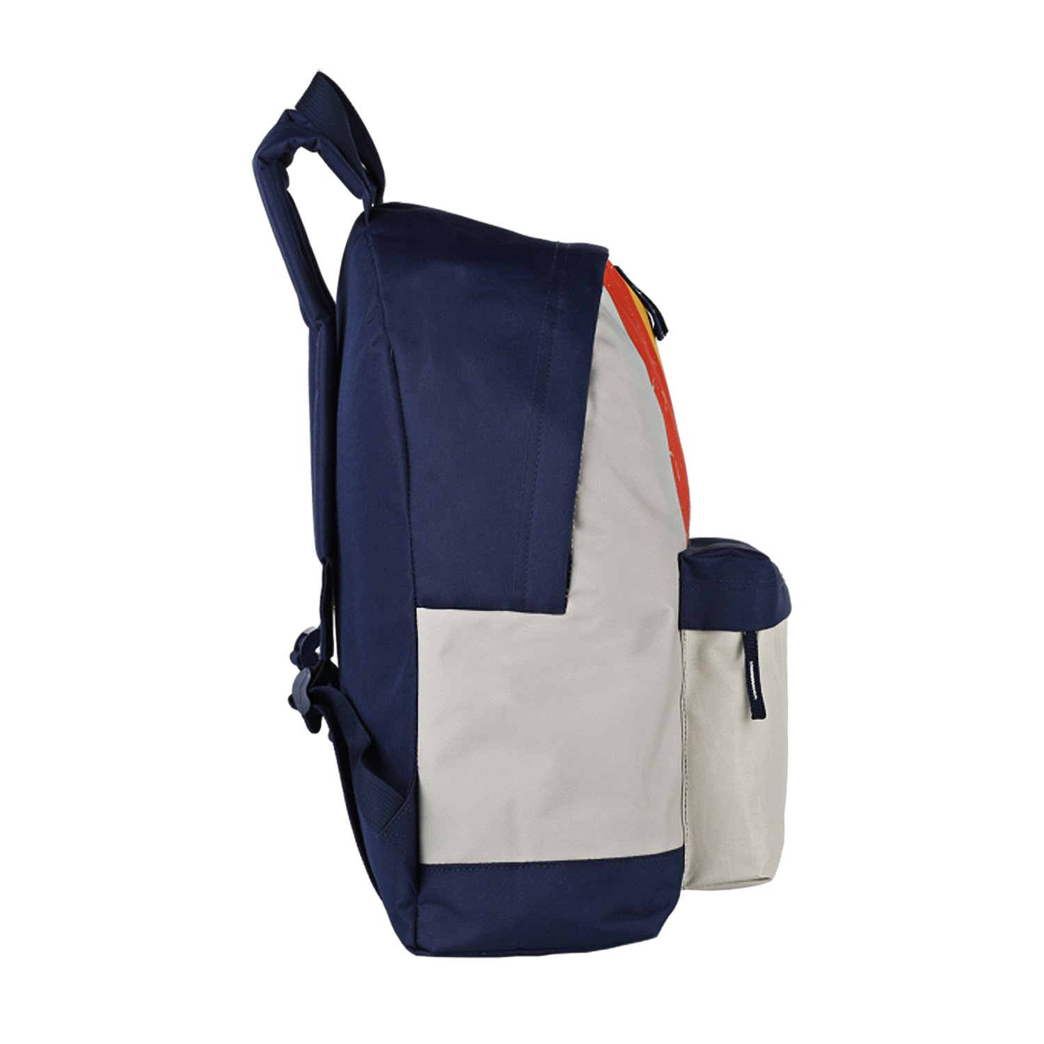 Una mochila con una combinación de colores azul, gris y naranja. Se ve de lado.