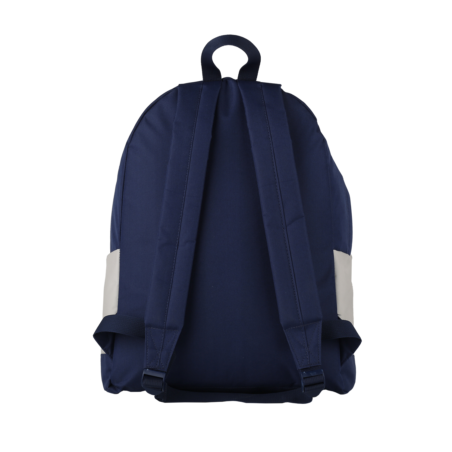 Mochila azul marino con detalles blancos, correas y asa superior, sobre fondo blanco.