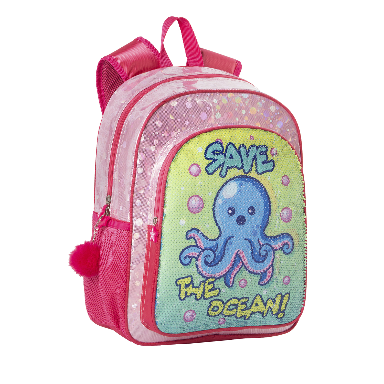 Una mochila rosa con diseño de pulpo, pompón rosa y bolsillo lateral de red, aislada sobre blanco.