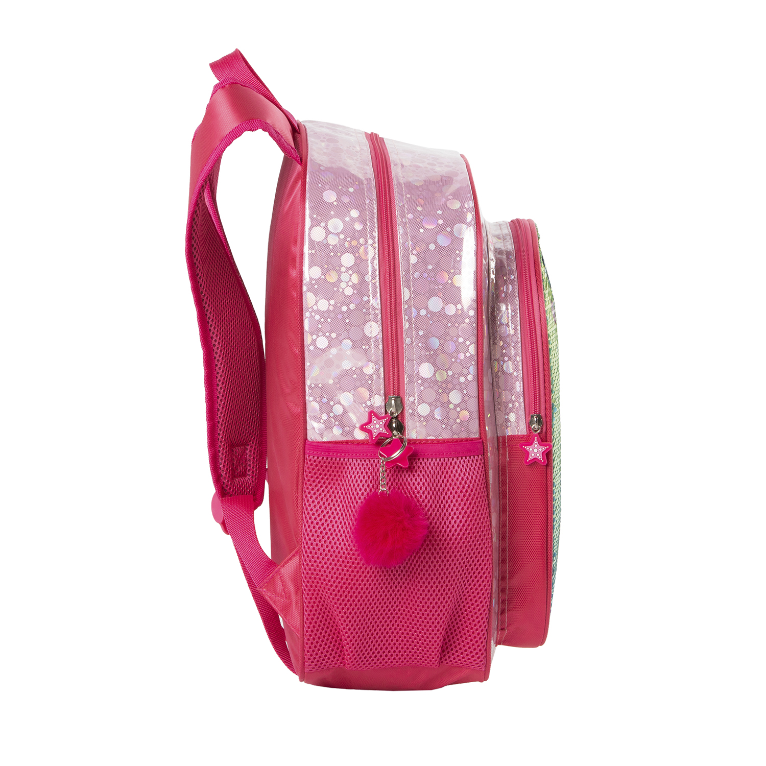 Mochila rosa con cremallera en forma de estrella y pompón.