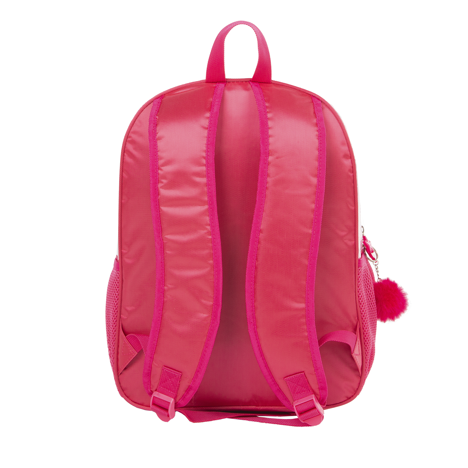Mochila rosa con correas rosas y un pompón rosa. Tiene bolsillos laterales de malla y correas rosas.