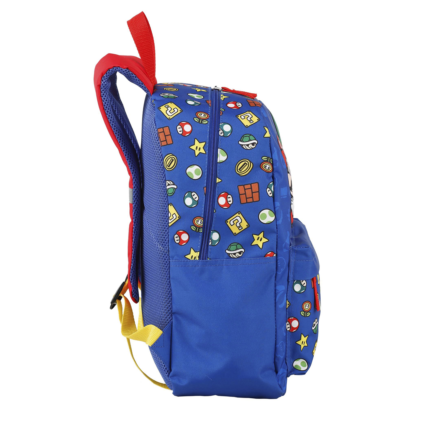 Uno zaino blu a tema Super Mario. Lo zaino ha una tracolla rossa e una tasca laterale. Lo sfondo è bianco.