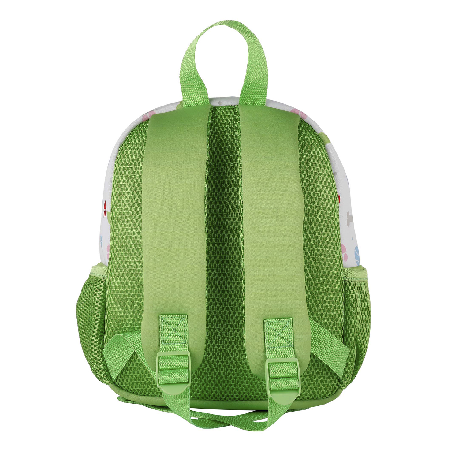 Zaino per bambini verde e bianco con lati in rete, cinghie verdi.