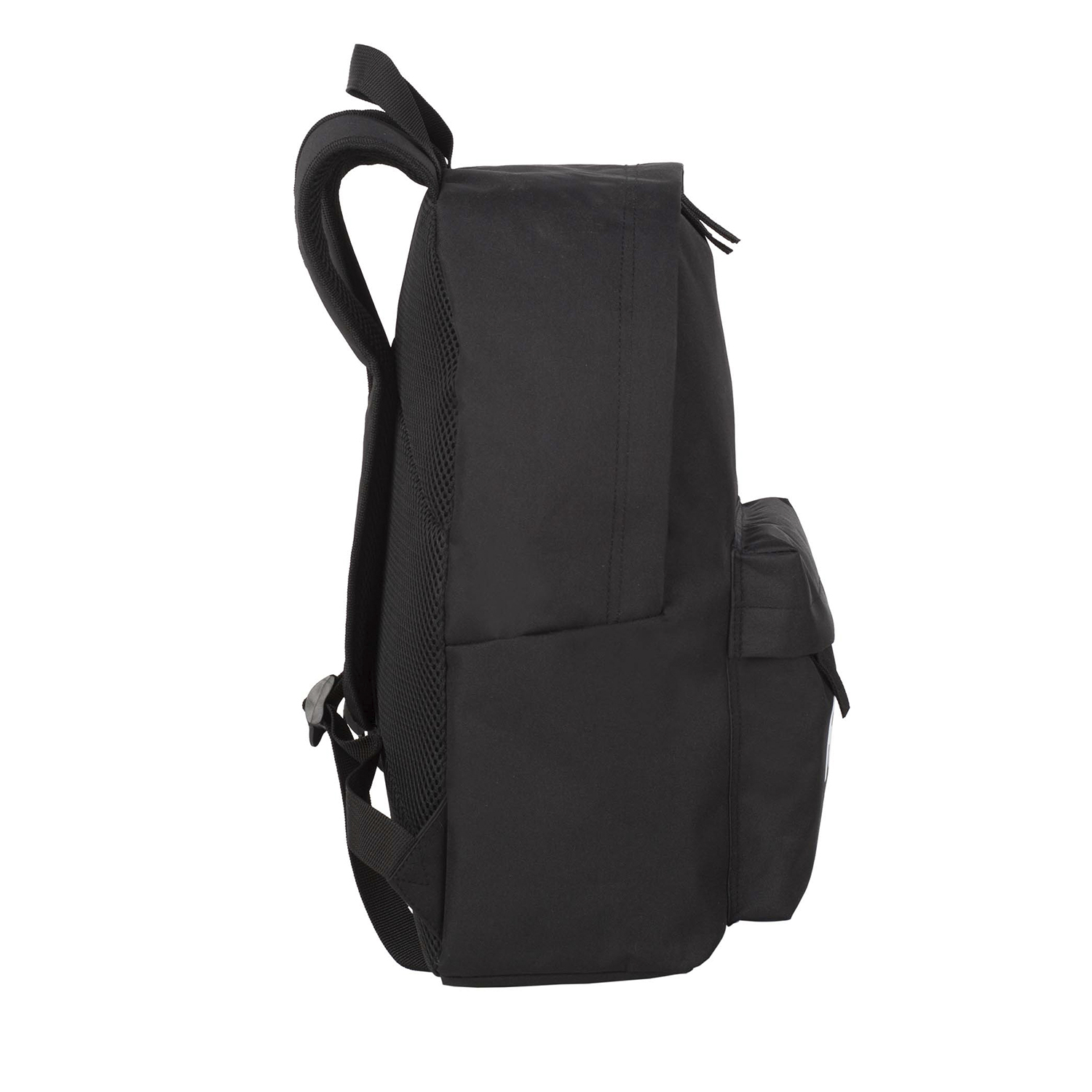 Mochila negra de lado. Tiene espalda acolchada, correas para los hombros y un bolsillo lateral.