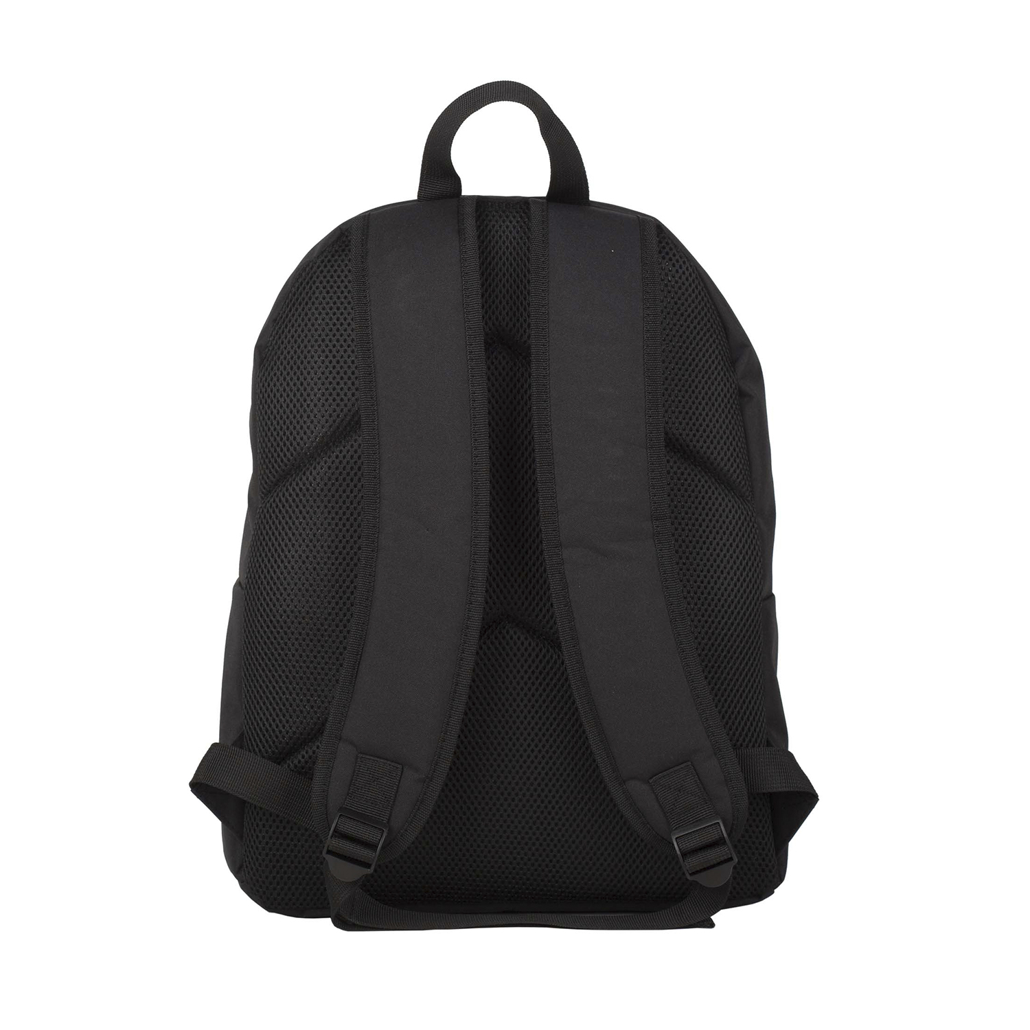 Mochila negra con correas acolchadas y asa superior.