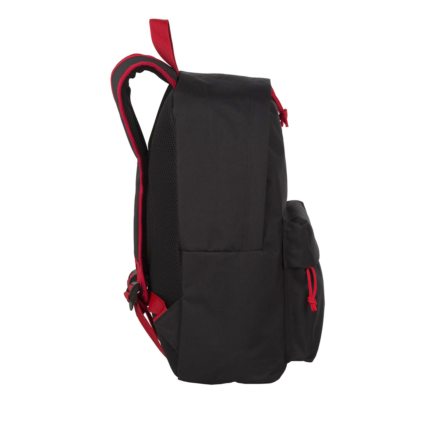Una mochila negra con detalles rojos. La mochila tiene un compartimento principal y un bolsillo lateral.
