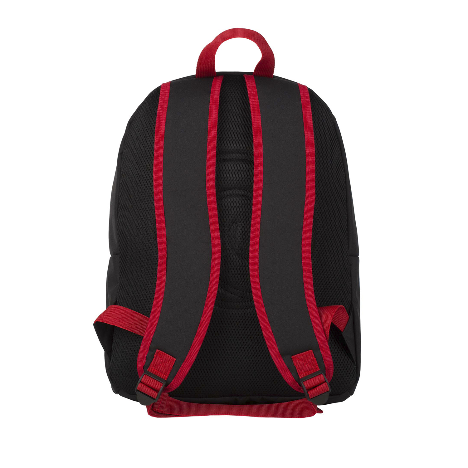 Mochila negra con correas rojas, vista trasera. Correas y hebillas rojas. Espalda de malla negra.