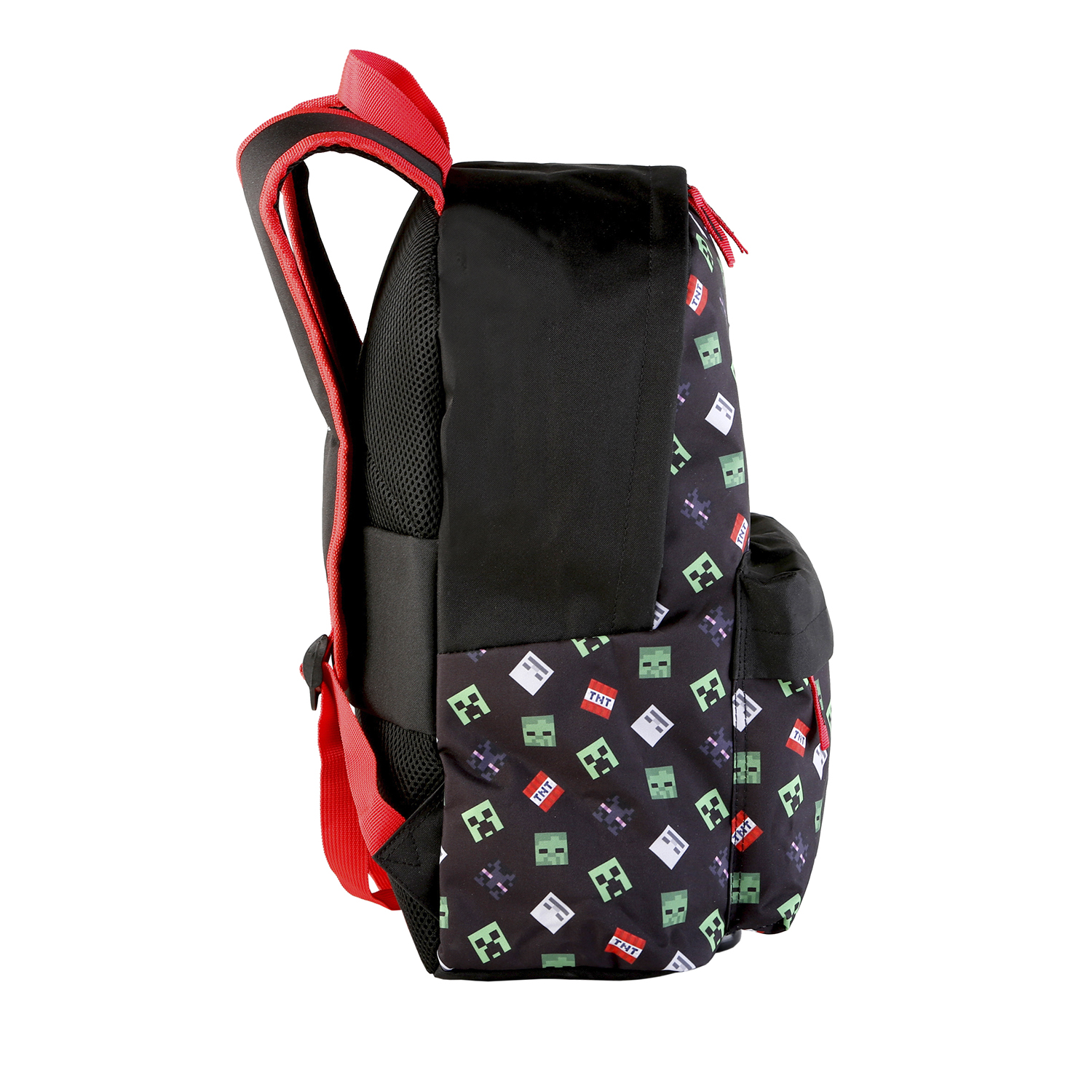 Mochila con diseño de Minecraft, con cuadrados verdes y negros y correas rojas.