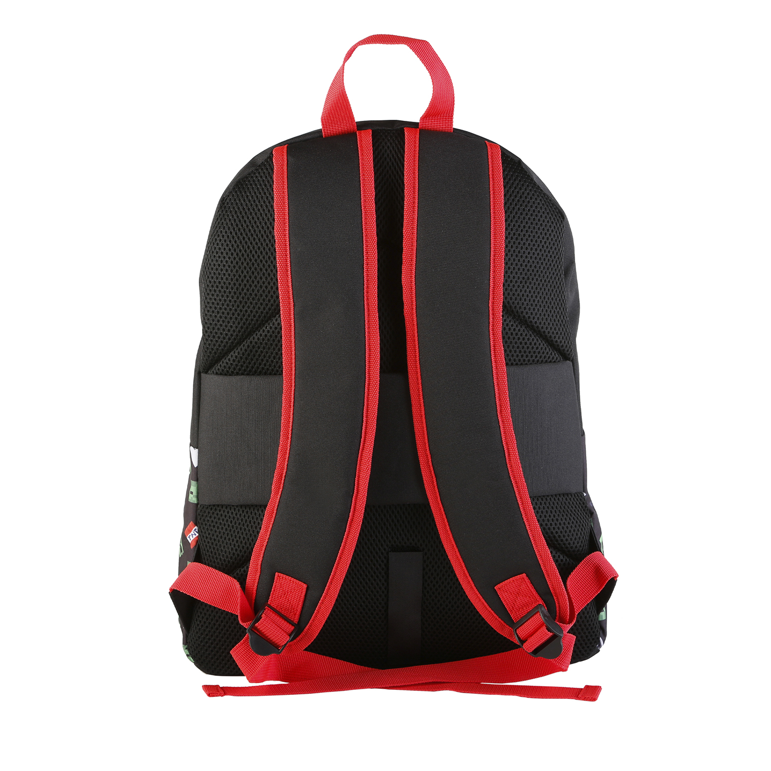 Espalda de una mochila negra con correas y detalles rojos. Tiene un panel trasero de malla.