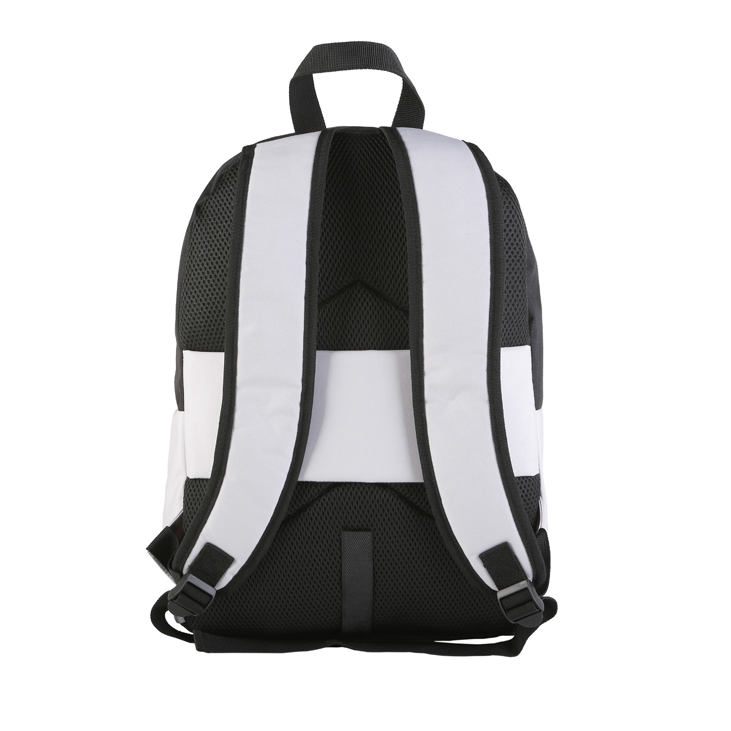 Mochila en blanco y negro, vista trasera, mostrando correas y acolchado trasero.