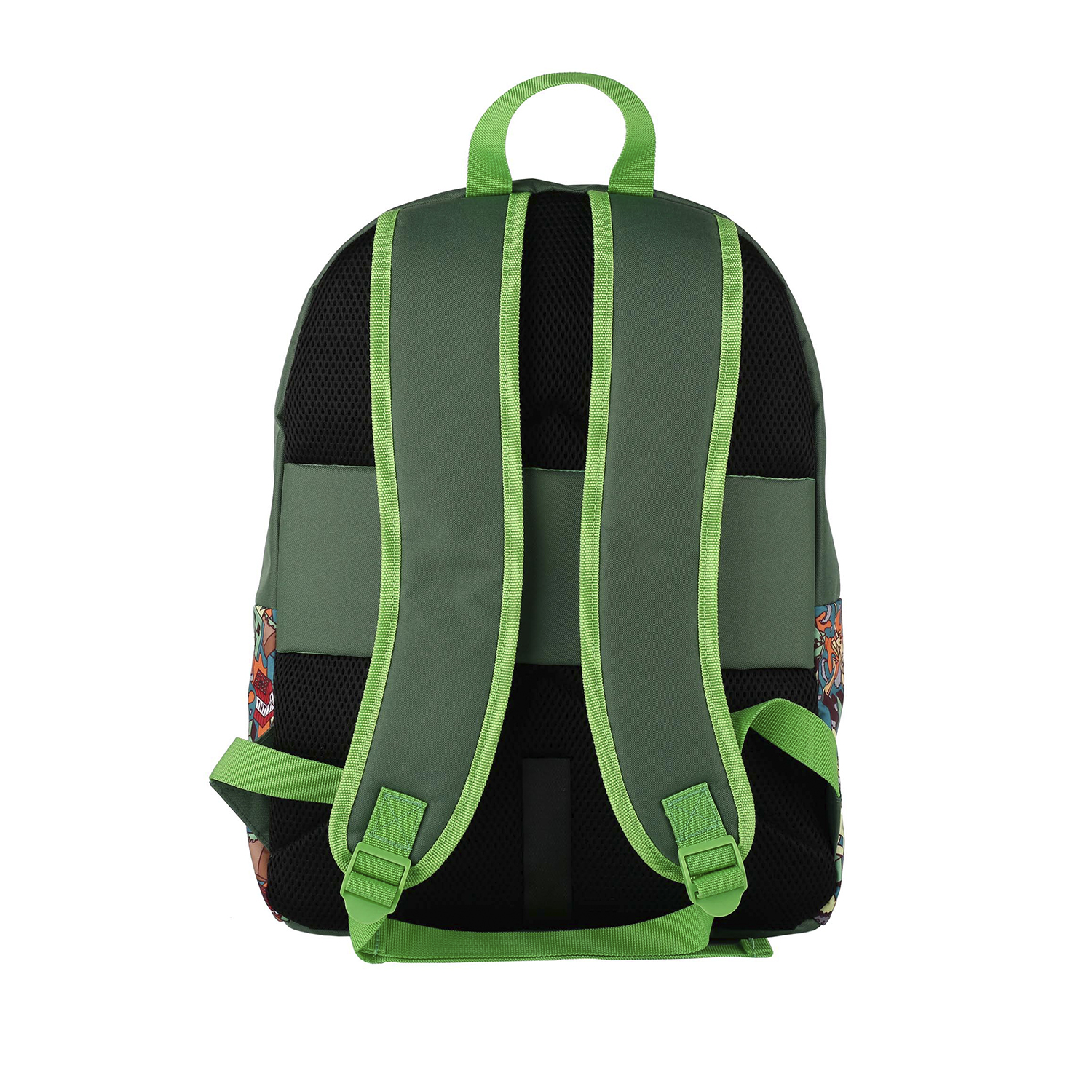 Mochila verde con correas verdes y diseño de dibujos animados. Fondo blanco.